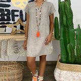 Robe unie en coton et lin à col en V