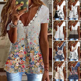 T-shirt imprimé à col en V en faux coton