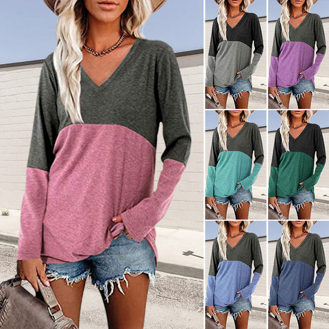 T-shirt décontracté à manches longues et col en V de couleur contrastée