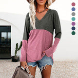T-shirt décontracté à manches longues et col en V de couleur contrastée
