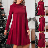 Robe de Noël de Couleur Unie avec Des Boutons Élégants