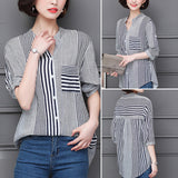 Chemisier à rayures et col montant à manches 3/4