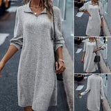 Robe Droite de Couleur Unie avec Manches Longues et Fermeture Éclair