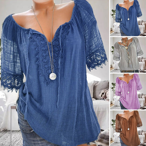 Chemise en dentelle unie à col en V pour femmes