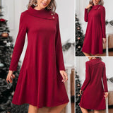 Robe de Noël de Couleur Unie avec Des Boutons Élégants