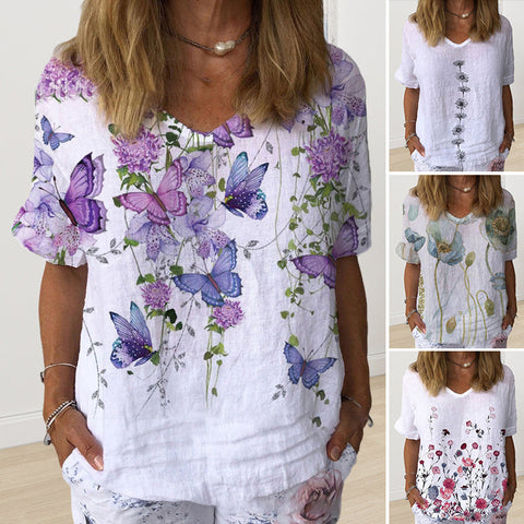 T-shirt En Coton Et Lin à Manches Courtes Et Col Rond à Fleurs Daisy