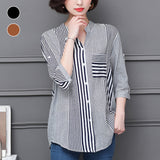 Chemisier à rayures et col montant à manches 3/4