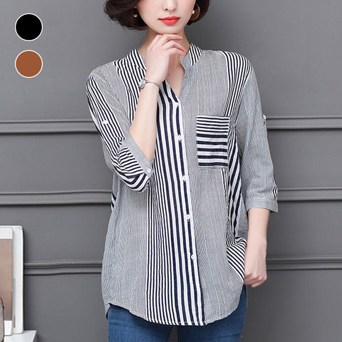 Chemisier à rayures et col montant à manches 3/4