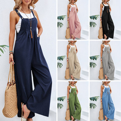 Pantalon décontracté à bretelles de couleur unie