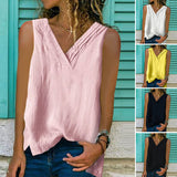 Gilet sans manches col V uni en coton et lin