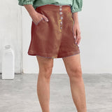Short de plage décontracté en coton et lin de couleur unie