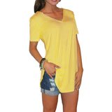 T-shirt d'été décontracté à col en V de couleur unie