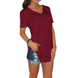 T-shirt d'été décontracté à col en V de couleur unie