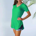 T-shirt d'été décontracté à col en V de couleur unie