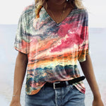 T-shirt décontracté à imprimé marbré et col en V