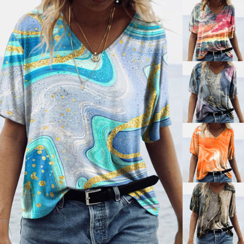 T-shirt décontracté à imprimé marbré et col en V
