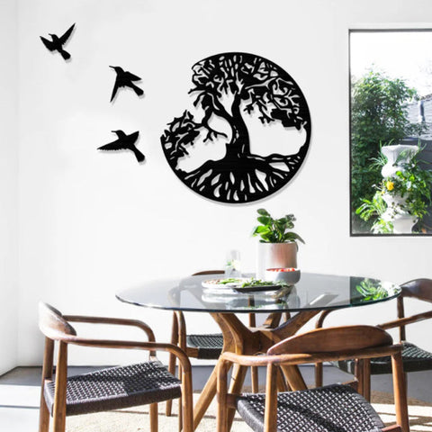 Décoration Murale en Métal Arbre de Vie et 3 Oiseaux à Suspendre