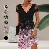 Robe imprimée à manches courtes en dentelle à col en V pour femmes
