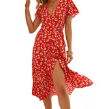 Jupe de plage fendue à encolure en V et imprimé en mousseline de soie