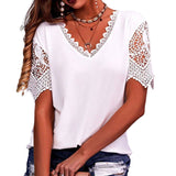 T-shirt Á Manches Courtes Et Col En V Ample En Dentelle Pour Femmes