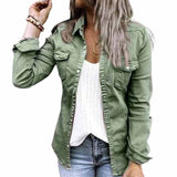 Veste en jean plissée à col à revers de couleur unie