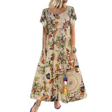Robe Á Col Rond Á Manches Courtes Et Imprimé Floral En Coton Et Lin Vintage