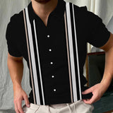 chemise à manches courtes vintage à revers rayé pour hommes