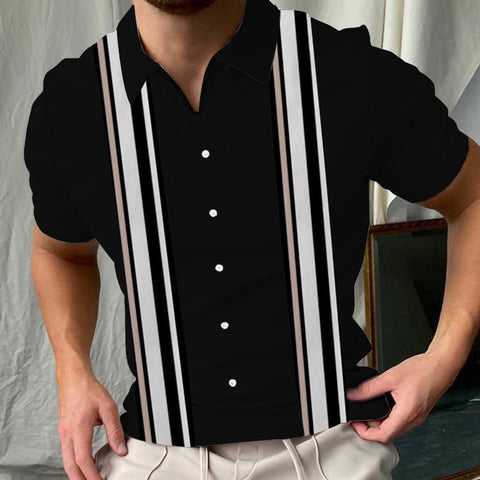 chemise à manches courtes vintage à revers rayé pour hommes