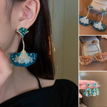 Boucles d'oreilles feuille de ginkgo en forme d'éventail en cristal incrusté de diamants