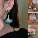 Boucles d'oreilles feuille de ginkgo en forme d'éventail en cristal incrusté de diamants