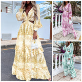 Robe Élégante Imprimée Á Col En V Et Á Manches Longues