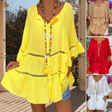 Haut ample à col en V en coton et lin