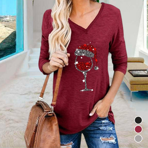 T-shirt de Noël à col en V et imprimé verres à vin pour femmes
