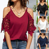 T-shirt en dentelle à col V et épaules dénudées