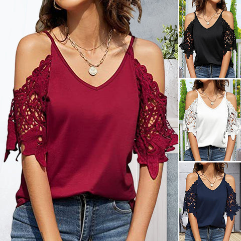 T-shirt en dentelle à col V et épaules dénudées
