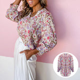 Chemise Décontractée à Manches Longues et Col en V à Fleurs