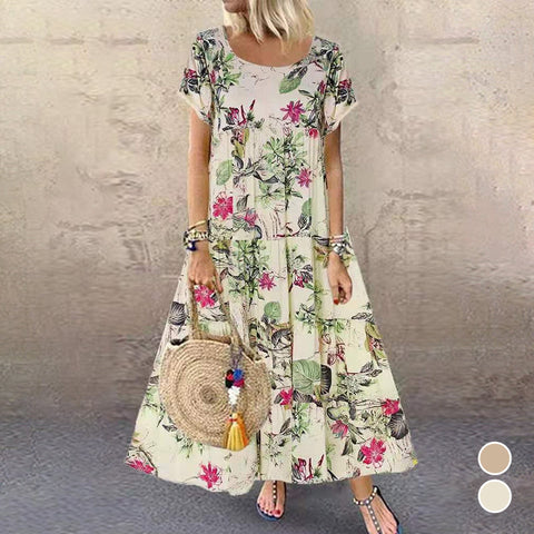 Robe Á Col Rond Á Manches Courtes Et Imprimé Floral En Coton Et Lin Vintage