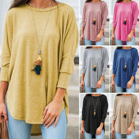 T-shirt Irrégulier De Couleur Unie Avec Ourlet Á Col Rond
