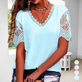 T-shirt Á Manches Courtes Et Col En V Ample En Dentelle Pour Femmes
