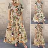 Robe Á Col Rond Á Manches Courtes Et Imprimé Floral En Coton Et Lin Vintage