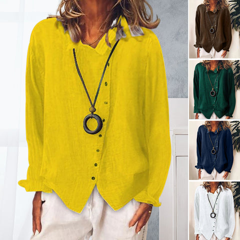 Chemise à revers en coton et lin de couleur unie