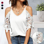 T-shirt en dentelle à col V et épaules dénudées