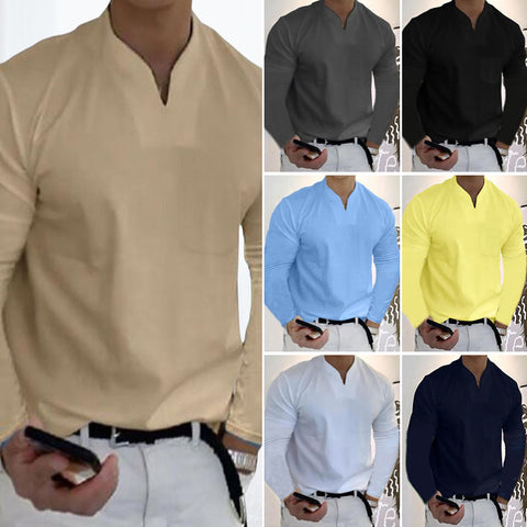T-shirt business de couleur unie avec col en V et manches longues