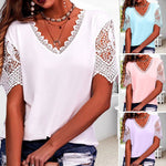 T-shirt Á Manches Courtes Et Col En V Ample En Dentelle Pour Femmes